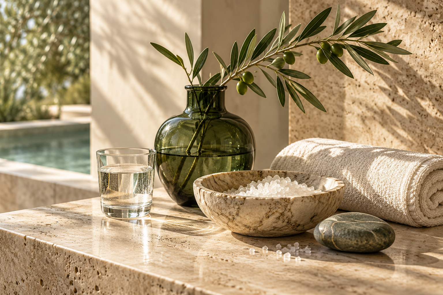 An ivory towel, bath salts and olive foliage on a sunlit stone surface